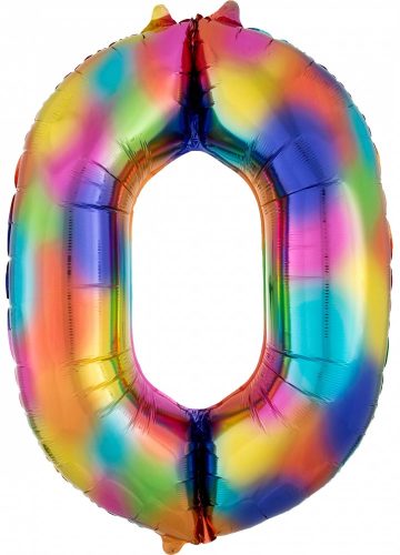 Színes Rainbow óriás szám fólia lufi 0-ás, 88x63 cm