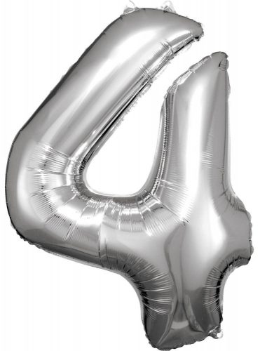 Ezüst Silver óriás szám fólia lufi 4-es, 86x66 cm